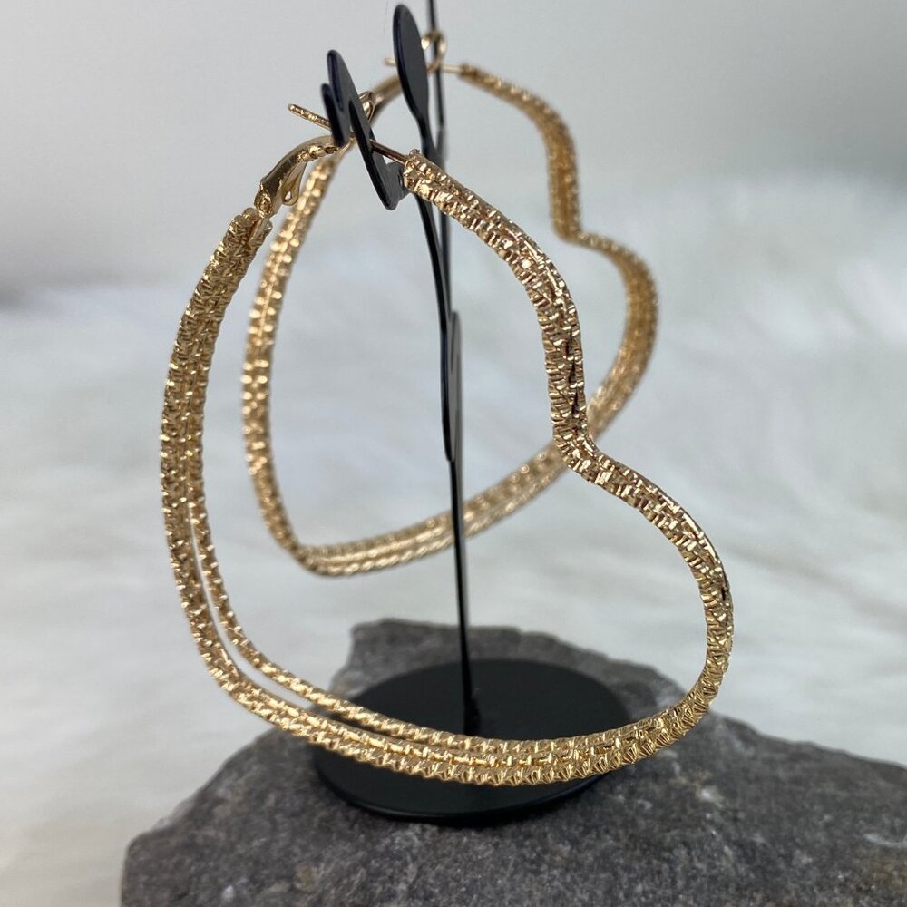 Gold Tone Hoop Wire Heart Earrings 2.5" Drop - Picture 2 of 5
